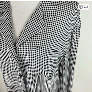Jenni Kayne Checkered Print Silk Button Down Shirt Top Black White Size L